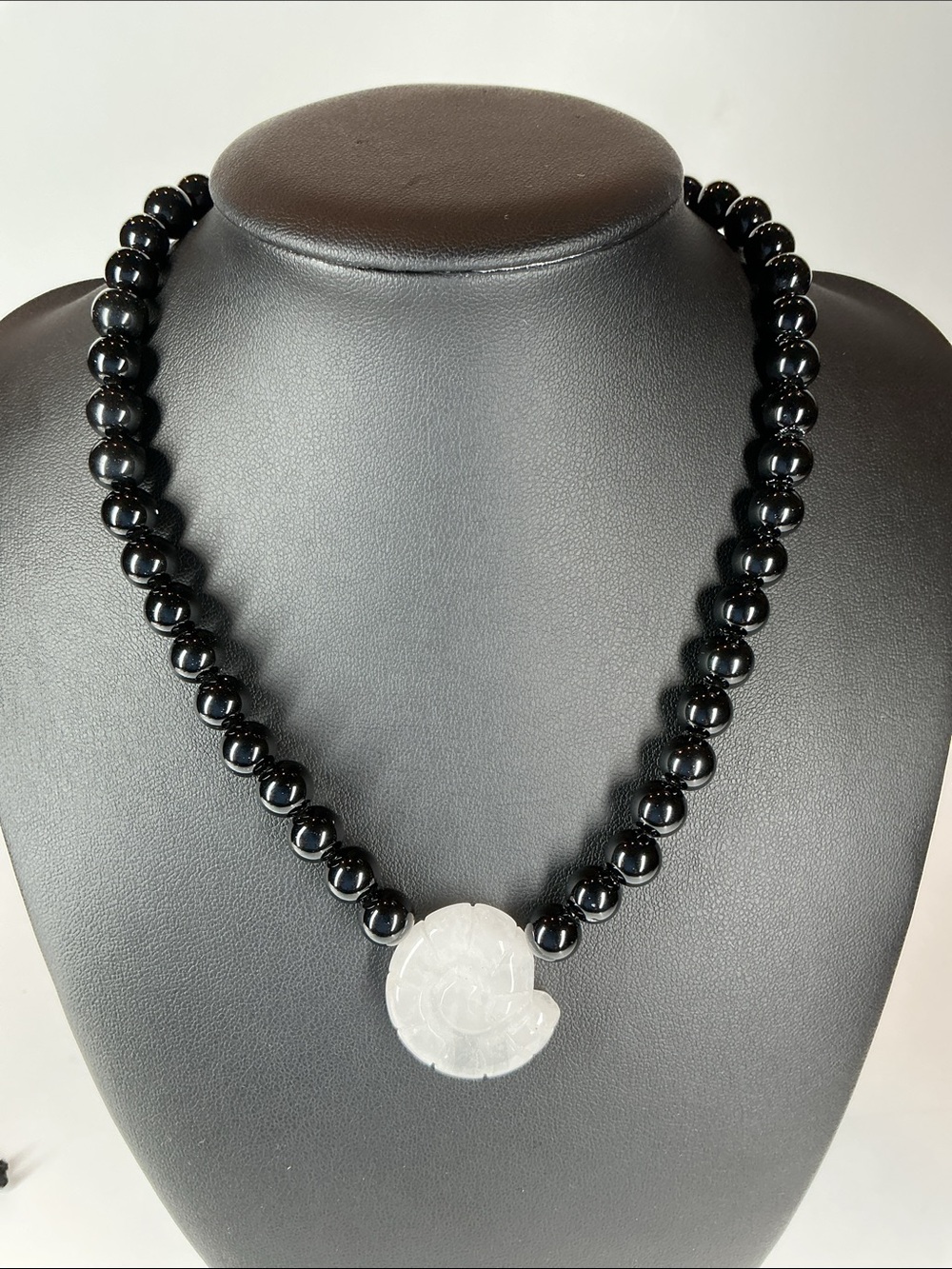 16” Mayamar Black Bead Necklace with White Carved Pendant
